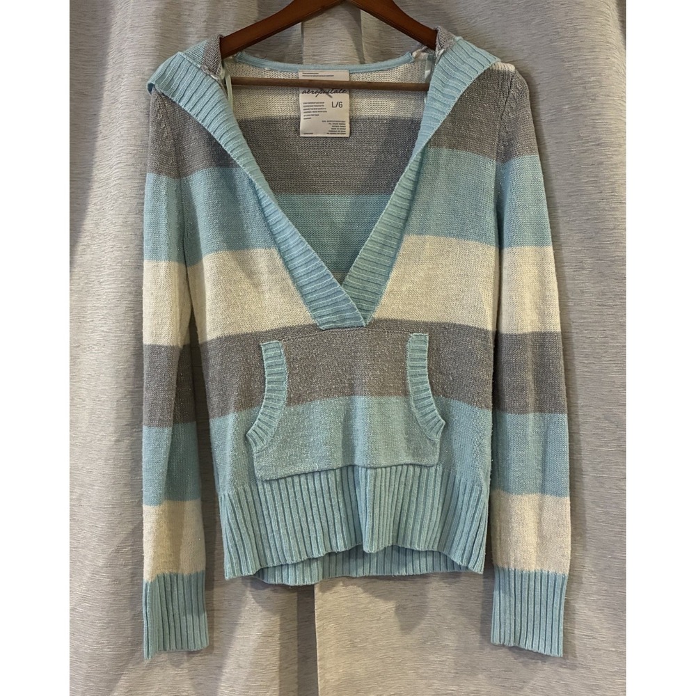 Y2K Aeropostale Sparkly Striped V Neck Hoodie Medium Blue/Grey